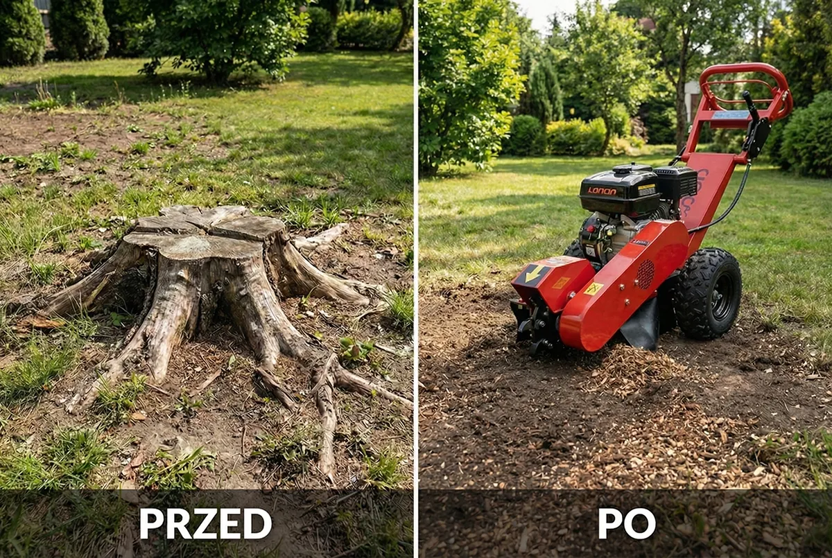 Frezowanie pni - efekt przed i po usunięciu pnia