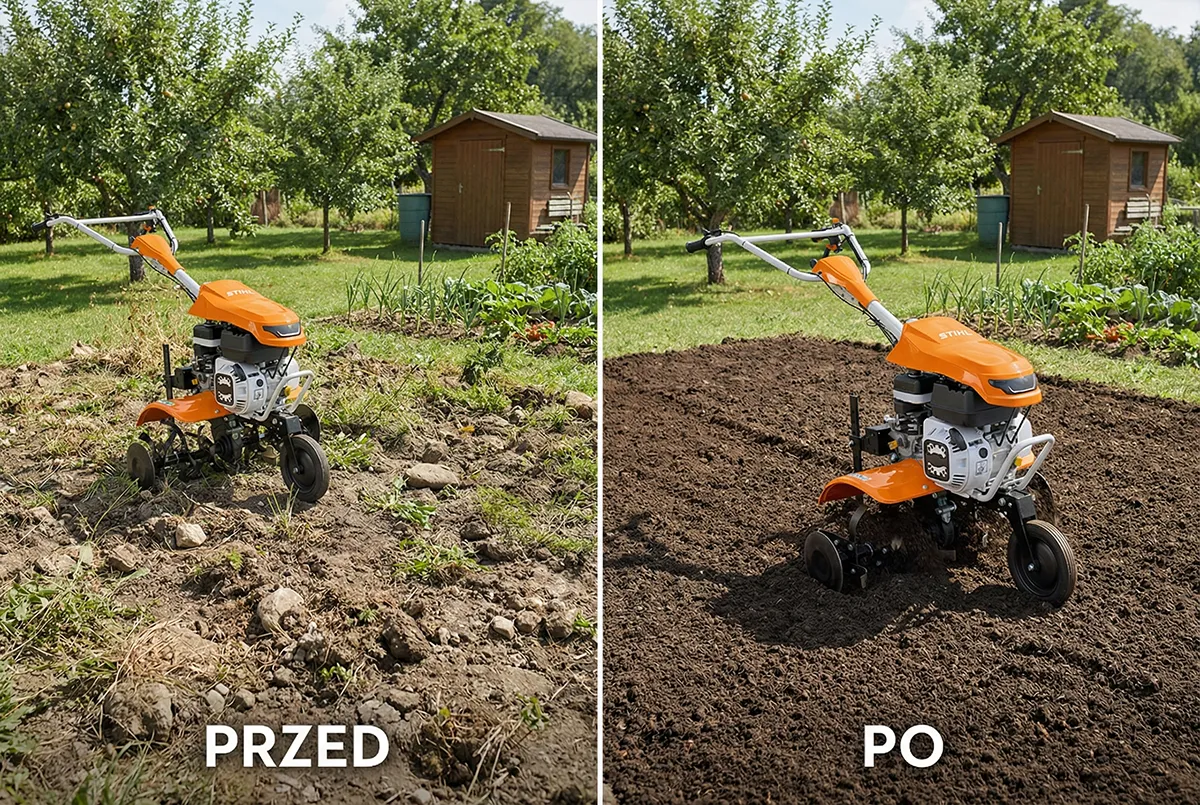 Spulchnianie ziemi glebogryzarką - zdjęcie przed i po