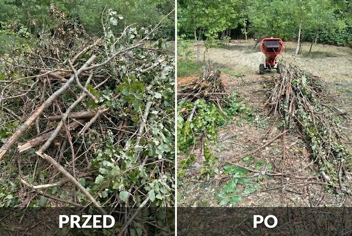 Rozdrabnianie gałęzi - porównanie przed i po na działce