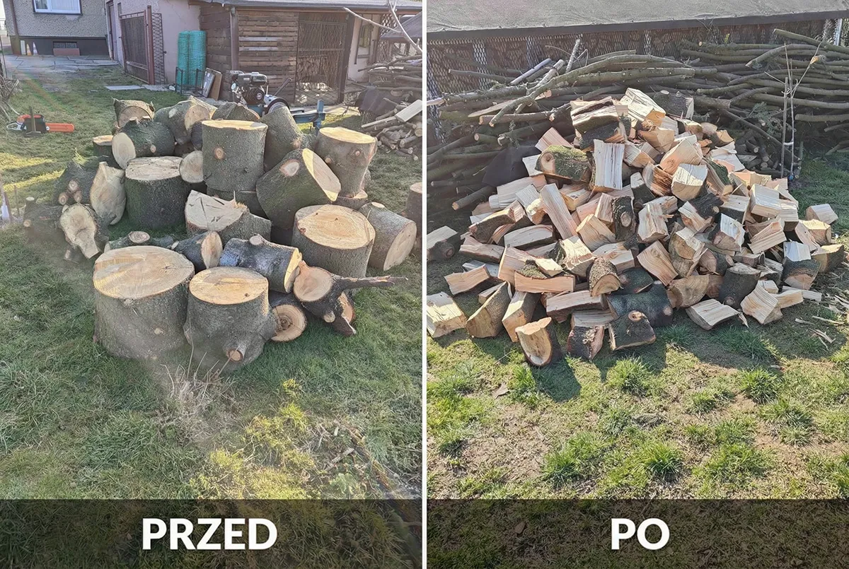 Łupanie drewna - zdjęcie przed i po z pracy łuparką